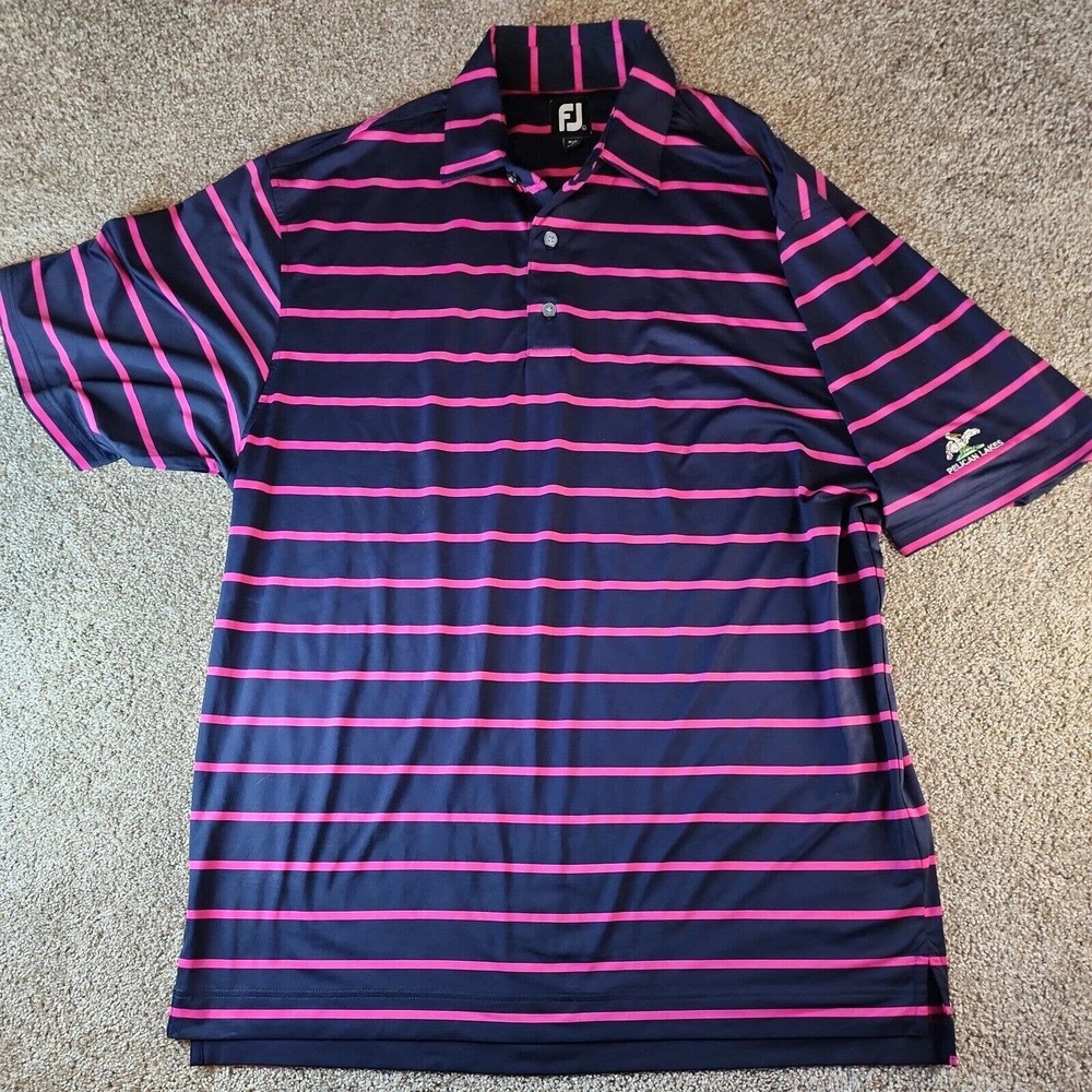 FootJoy FJ Striped‎ Polo Shirt Mens L Short Sleeve Spandex Polyester Black Pink